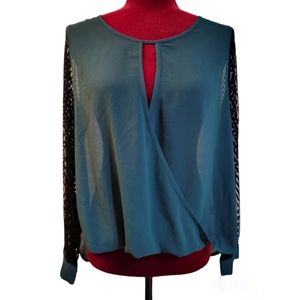 Sheer hunter green & black long-sleeved blouse